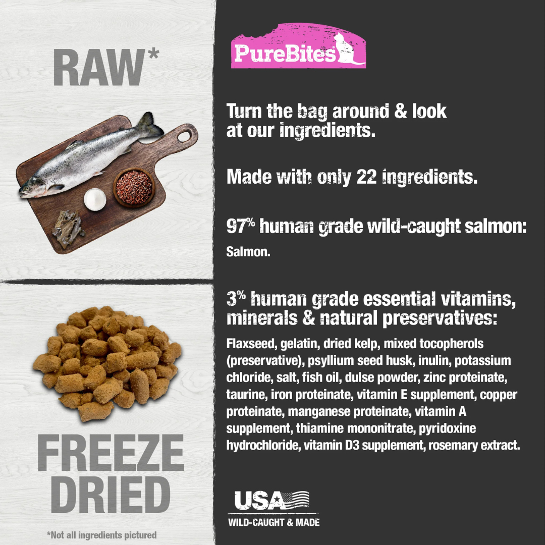 PureBites salmon raw freeze-dried cat food — single-protein, high-protein natural recipe made from human-grade salmon and organs